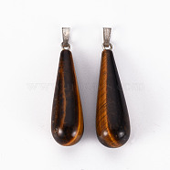 Natural Tiger Eye Pendants, with Stainless Steel Snap On Bails, Teardrop, Stainless Steel Color, 33~36x10mm, Hole: 3x4mm(G-T132-035C)