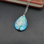Teardrop with Tree Resin Pendant Necklace, Platinum Copper Wire Wrapped Necklace, Deep Sky Blue, 20.47 inch(52cm)(PW-WG20561-04)