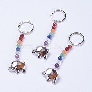 Natural Tiger Eye Chakra Keychain, with Mixed Stone and Platinum Plated Brass Key Findings, Elephant, 92mm, Ring: 24x2mm, Bead: 6~7mm, Pendant: 23x26x7mm(KEYC-P040-E05)