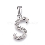 304 Stainless Steel Pendants, with Rhinestone, Letter, Letter.S, 23.5x15x2mm, Hole: 3~3.5x7.5~8mm(STAS-F202-16P-S)