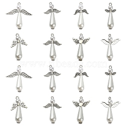 40Pcs 8 Styles Acrylic Imitation Pearl & Alloy Charms, with Antique Silver Loops, Angel Charms, White, 33~35x9~32x8mm, Hole: 1.5~2.5mm, 5pcs/style(PALLOY-CJ0002-67)