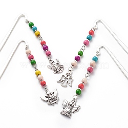 Synthetic Dyed Turquoise Beaded Bookmarks, Alloy Angel Pendants Bookmarks, Tibetan Style Hook Book Marker, Antique Silver, 84mm(AJEW-JK00191)