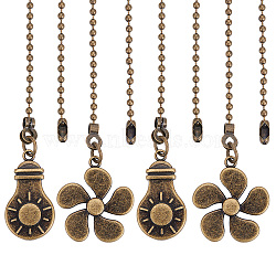 Tibetan Style Alloy Ceiling Fan Pull Chain Extenders, Flower & Light Bulb Pendant Decoration, with Iron Ball Chains, Bead Tips, Antique Bronze, 350~355mm, 2pcs/set(AJEW-WH0367-20AB)