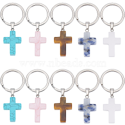 10Pcs 5 Styles Gemstone Keychains, with 304 Stainless Steel Split Key Rings, Cross, 5.6cm, Cross: 37.5x18x5.5mm, 2pcs/style(KEYC-CP0001-48)