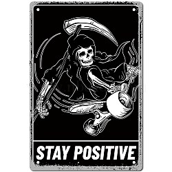 Tinplate Sign Poster, Vertical, for Home Wall Decoration, Rectangle with Word Stay Positive, Skull Pattern, 300x200x0.5mm(AJEW-WH0157-499)