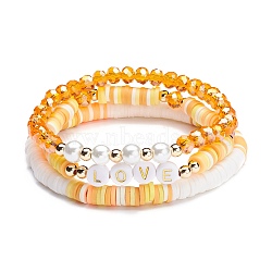 Love Stretch Bracelets Set, Glass & Acrylic & Polymer Clay Beads Bracelets, Surfer Heishi Bracelet for Teen Girl Women, Yellow, 2-1/8~2-1/4 inch(5.3~5.7cm), 3pcs/set(BJEW-JB07155-03)