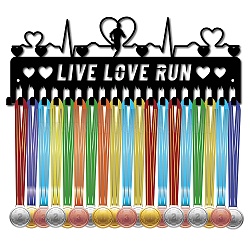 Iron Medal Holder Frame, 20 Hooks Medals Display Hanger Rack, with Screws, Black, Running, Heart, 150x400mm, Hole: 5mm(ODIS-WH0028-077)