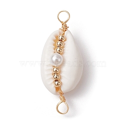 Natural Shell Copper Wire Wrapped Connector Charms, with Shell Pearl Beads, Golden, 32x13x11mm, Hole: 2.8mm(PALLOY-JF02316-02)