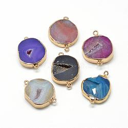 Natural Druzy Agate Links connectors, with Brass Findings, Dyed, Flat Round, Golden, Mixed Color, 36~38x27~30x6~8mm, Hole: 1.5~2mm(G-Q494-32)