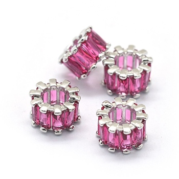 Cubic Zirconia European Beads, Large Hole Beads, with Brass Findings, Column, Platinum, Deep Pink, 10.5x6.5mm, Hole: 5.5mm