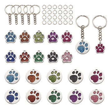 DIY Pet Keychain Makings, with Platinum Plated Iron Jump Rings & Split Key Rings, Alloy Enamel Pendants, Dog Paw Prints, Mixed Color, Split Key Rings: 25x2mm, Inner Diameter: 22mm, 20pcs/set