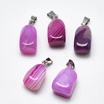 Natural Banded Agate/Striped Agate Pendants, Dyed, with Stainless Steel Snap On Bails, Cuboid, Stainless Steel Color, Magenta, 20~23x9~13x9~13mm, Hole: 3~4x7~8.5mm