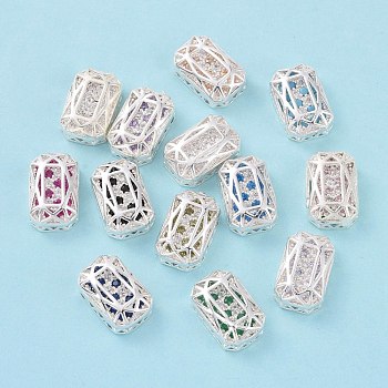 Eco-friendly Brass Micro Pave Cubic Zirconia Multi-strand Links, Rack Plating, Cadmium Free & Lead Free, Rectangle Octagon, Silver Color Plated, Mixed Color, 14x10x5mm, Hole: 1.4mm