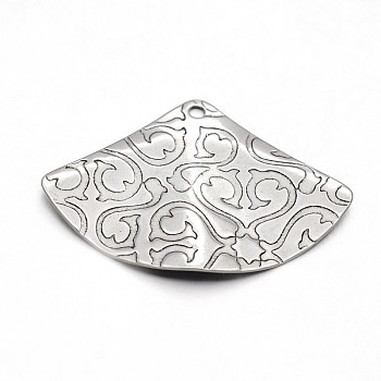 Carved 304 Stainless Steel Fan Pendants, Stainless Steel Color, 20x28.5x2mm, Hole: 1mm