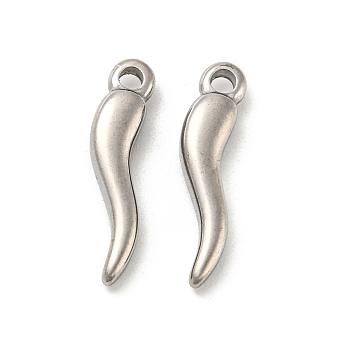 304 Stainless Steel Pendants, Horn of Plenty/Italian Horn Cornicello Charms, Stainless Steel Color, 15.5x3.5x2.5mm, Hole: 1.2mm