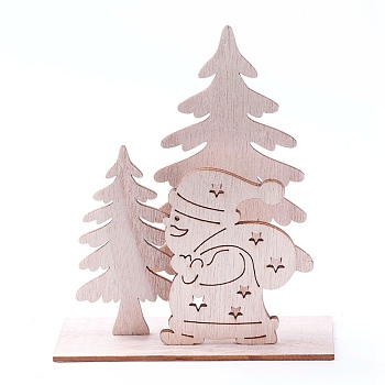 Undyed Platane Wood Home Display Decorations, Christmas Tree with Santa Claus, BurlyWood, 115x42.5x132mm, 4pcs/set