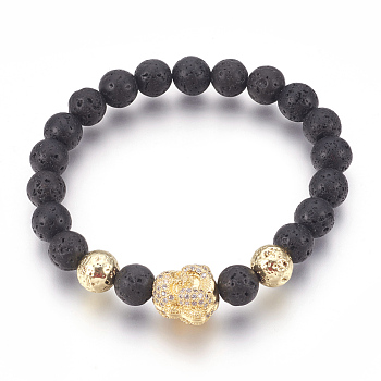 Stretch Bracelets, with Long-Lasting Plated Electroplated Natural Lava Rock, Natural Lava Rock and Brass Cubic Zirconia Beads, Buddha, Golden, 2-1/8 inch(5.5cm)