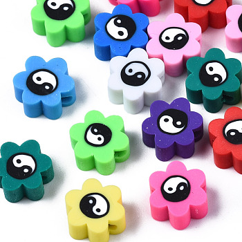 Handmade Polymer Clay Beads, for DIY Jewelry Crafts Supplies, Flower with Yinyang, Mixed Color, 9x8~8.5x4~4.5mm, Hole: 1.8mm