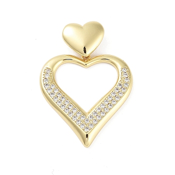 Rack Plating Brass Micro Pave Clear Cubic Zirconia Pendants, Long-Lasting Plated, Lead Free & Cadmium Free, Heart, 39mm, Hole: 4x7.5mm, heart: 31x28.5x3mm