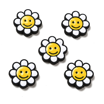 Opaque Acrylic Beads, with Enamel, Flower with Smiling Face, Black, 24.5~25x4mm, Hole: 1.5mm