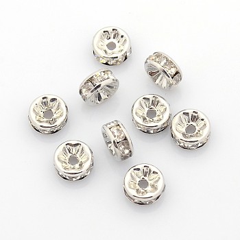 Brass Rhinestone Spacer Beads, Grade AAA, Straight Flange, Nickel Free, Platinum Metal Color, Rondelle, Crystal, 8x3.8mm, Hole: 1.5mm