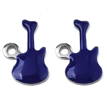 201 Stainless Steel Enamel Charms, Guitar, Stainless Steel Color, Midnight Blue, 15x9x2mm, Hole: 1.6mm