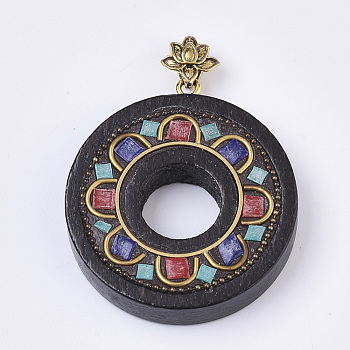 Handmade Indonesia Pendants, with Alloy Findings, Sandalwood and Resin, Antique Golden, Donut, Lotus, Medium Turquoise, 48~49x44x9mm, Hole: 7x4mm