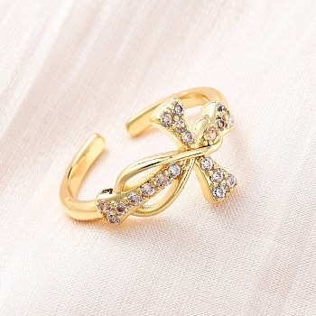 Brass Micro Pave Clear Cubic Zirconia Cuff Rings for Women, Cross, Rack Plating, Cadmium Free & Lead Free, Lasting Plated, Real 18K Gold Plated, Inner Diameter: 17mm