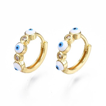 Clear Cubic Zirconia Evil Eye Huggie Hoop Earrings with Enamel, Brass Jewelry for Girl Women, Real 18K Gold Plated, Nickel Free, White, 15x17x4mm, Pin: 1mm