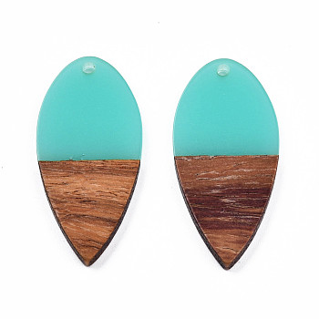 Transparent Resin & Walnut Wood Pendants, Teardrop Shape Charm, Turquoise, 38x18x3mm, Hole: 2mm