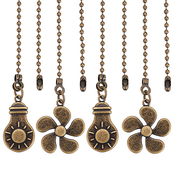 Tibetan Style Alloy Ceiling Fan Pull Chain Extenders, Flower & Light Bulb Pendant Decoration, with Iron Ball Chains, Bead Tips, Antique Bronze, 350~355mm, 2pcs/set