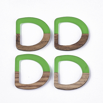 Transparent Resin & Walnut Wood Linking Rings, D Ring, Green, 38.5x37.5x3~4mm, Inner Diameter: 25~26x24~25mm