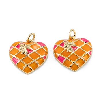 Brass Enamel Pendants, with Jump Rings, Long-Lasting Plated, Heart with Grid Pattern & Bowknot, Orange Red, Real 18K Gold Plated, 17x18x4.5mm, Hole: 3.5mm