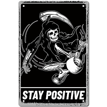 Tinplate Sign Poster, Vertical, for Home Wall Decoration, Rectangle with Word Stay Positive, Skull Pattern, 300x200x2.2mm