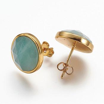 Natural Amazonite Ear Studs, with Brass Findings, Golden, Flat Round, 15mm, Pin: 0.8mm