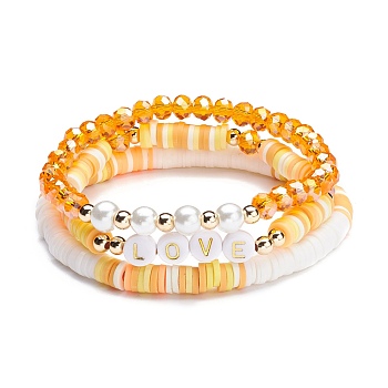 Love Stretch Bracelets Set, Glass & Acrylic & Polymer Clay Beads Bracelets, Surfer Heishi Bracelet for Teen Girl Women, Yellow, 2-1/8~2-1/4 inch(5.3~5.7cm), 3pcs/set