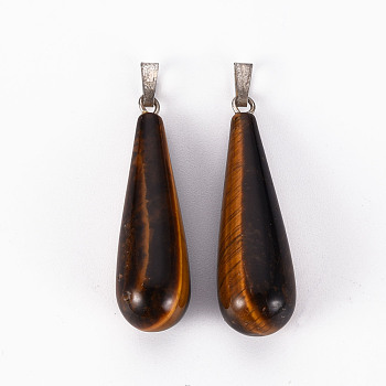 Natural Tiger Eye Pendants, with Stainless Steel Snap On Bails, Teardrop, Stainless Steel Color, 33~36x10mm, Hole: 3x4mm