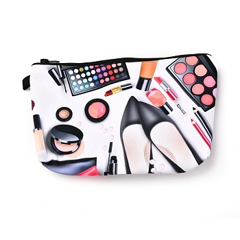 Polyester Tarp Zip Cosmetic Pouches, Rectangle with Cosmetics Pattern, White, 14x21.8x2.1cm