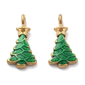 Ion Plating(IP) 304 Stainless Steel Enamel Pendant Rhinestones Setting, Real 18K Gold Plated, Christmas Tree, Green, 21x11x3mm, Hole: 1.8mm, Fit for 1.5mm Rhinestones