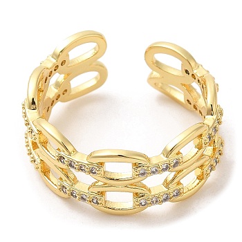 Rack Plating Brass Hollow Oval Open Cuff Rings, Clear Cubic Zirconia Ring, Real 16K Gold Plated, Inner Diameter: 18mm