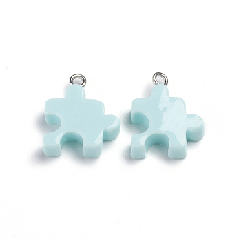 Plastic Pendants, with Iron Loop, Puzzle Piece, Platinum, Blue, 19x15~15.5x4.5~5mm, Hole: 2mm