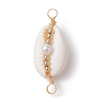 Natural Shell Copper Wire Wrapped Connector Charms, with Shell Pearl Beads, Golden, 32x13x11mm, Hole: 2.8mm