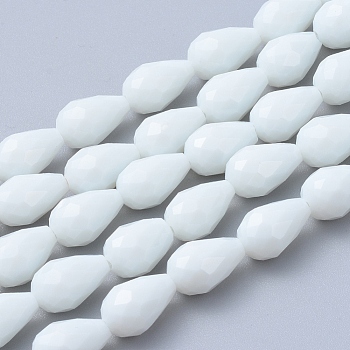 Glass Beads Strands, Imitation Jade Beads, Faceted, teardrop, White, 15x10mm, Hole: 2mm, 50pcs/strand, 30.5 inch