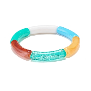 Acrylic Curved Tube Beaded Stretch Bracelet, Chunky Bracelet for Women, Turquoise, Inner Diameter: 2-1/8 inch(5.3cm)
