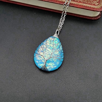 Teardrop with Tree Resin Pendant Necklace, Platinum Copper Wire Wrapped Necklace, Deep Sky Blue, 20.47 inch(52cm)