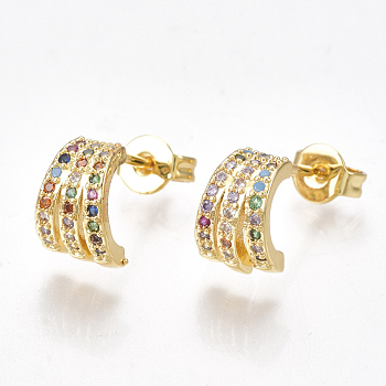 Brass Micro Pave Cubic Zirconia Ear Studs, with Ear Nuts, Golden, 9x6.5mm, Pin: 0.7mm