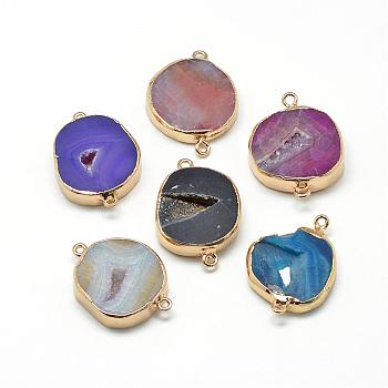 Natural Druzy Agate Links connectors, with Brass Findings, Dyed, Flat Round, Golden, Mixed Color, 36~38x27~30x6~8mm, Hole: 1.5~2mm