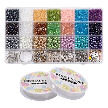 DIY Glass Beads Jewelry Set Making Kit, Including Glass Seed & Electroplate & Pearl Beads, Brass Hoop Earrings, Iron Earring hook & Bead & Jump Ring & Bead Cap & Bead Tip, Alloy Clasp & Pendant, Elastic Thread, Mixed Color, Glass Seed Beads: 5600pcs