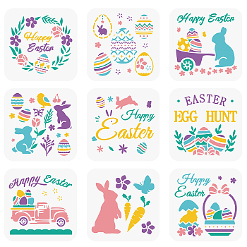 9Pcs 9 Styles Easter PET Hollow Out Drawing Painting Stencils Sets, for DIY Scrapbook, Photo Album, Rabbit&Easter egg, Easter Theme Pattern, 15x15cm, about 1 style/pc