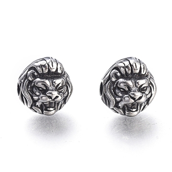 304 Stainless Steel Beads, Lion Head, Antique Silver, 10x11x11mm, Hole: 2mm